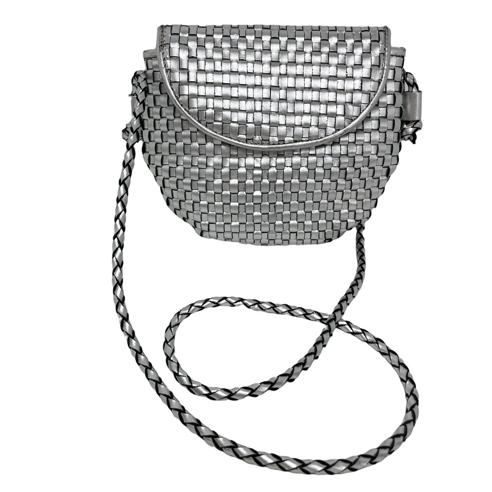 CEE KLEIN ACCESSORIES Genuine Leather Woven Silver Flap Pocket Purse Tote Small